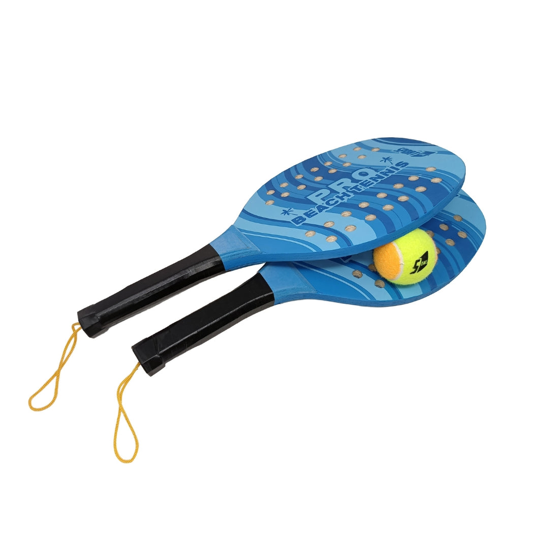 Set Racchettoni Beach Tennis PRO in Legno 12mm con Palla Morbida - Blu– Racchette Resistenti per Mare, Spiaggia e Tempo Libero